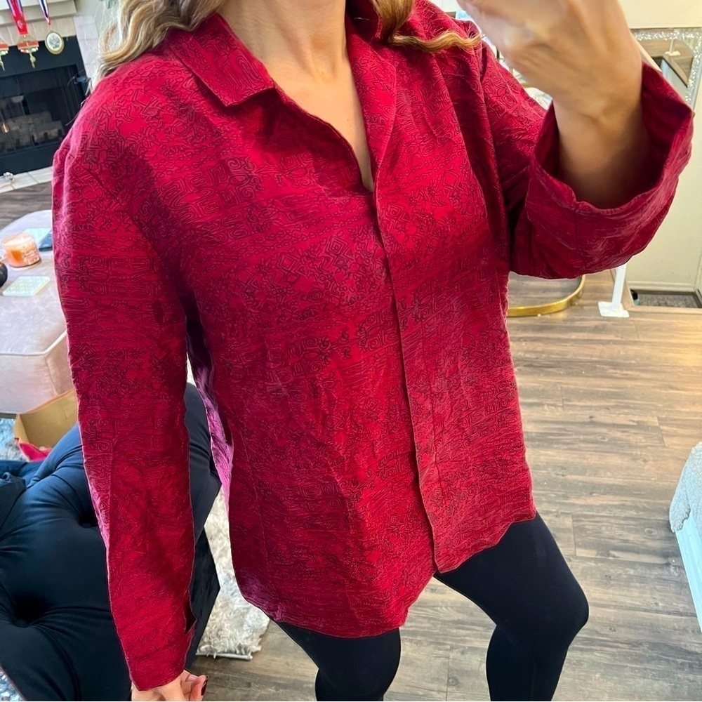 CHICO’S Red Black Design Silk Long Sleeve Top Button Up Blouse Shirt Size S